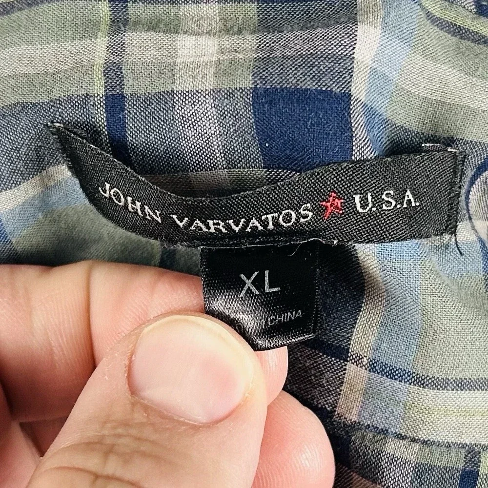 John Varvatos USA XL Casual Button Front Shirt Green Blue Plaid 100% Cotton